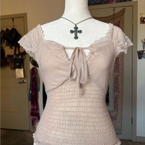 Beige Ruched Top with Lace Trim